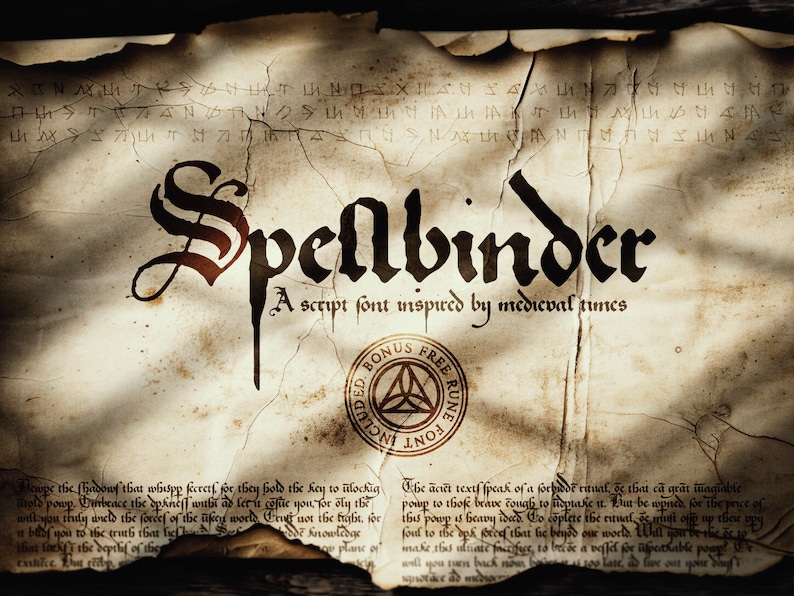 May include: An aged parchment design featuring the word "Spellbinder" in a gothic script. The text below reads "A script font inspired by medieval times." A circular seal with runes is also visible.