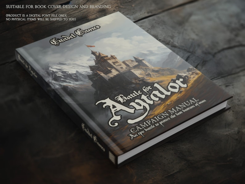 May include: A book cover design for "Battle for Aytalor" showing a detailed illustration of a castle on a mountain. The cover includes the text "Citadel Games" and "CAMPAIGN MANUAL" with the tagline "An epic battle to protect the last bastion of man."