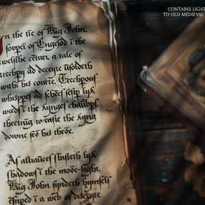 May include: A weathered book with handwritten text in black ink and red initial letters. The text is in an old script, with the words "King John" visible. The book's pages are yellowed and worn, with the text "CONTAINS LIGATURES TRUE TO OLD MEDIEVAL LETTERING" at the top.