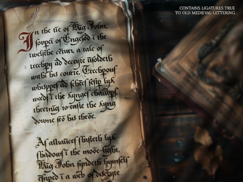 May include: A weathered book with handwritten text in black ink and red initial letters. The text is in an old script, with the words "King John" visible. The book's pages are yellowed and worn, with the text "CONTAINS LIGATURES TRUE TO OLD MEDIEVAL LETTERING" at the top.