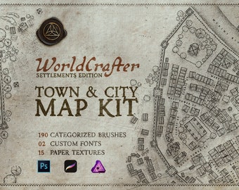D&D Town, City Map Kit for Photoshop and Procreate. DnD Pathfinder and Rpg fantasy map brushes, worldcrafter dungeon master tools