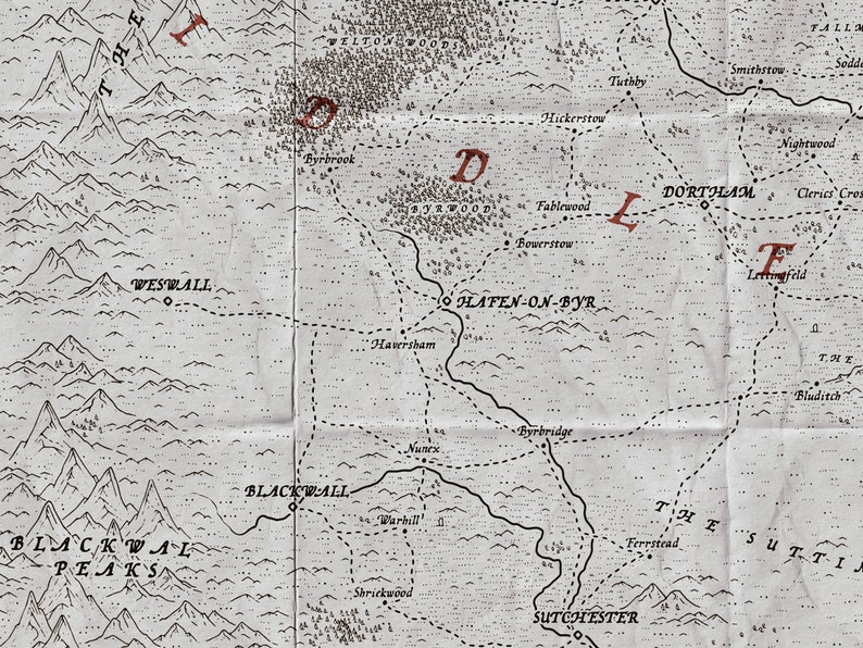 Detail picture of a fantasy map using the wayfinder font for place names