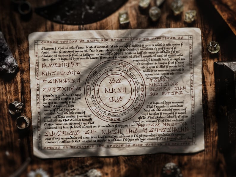May include: Aged parchment with detailed, stylized text and a central circular design. The paper has a worn, antique appearance, with dark brown ink. The background includes gemstones and metal objects, suggesting a mystical or fantasy theme.