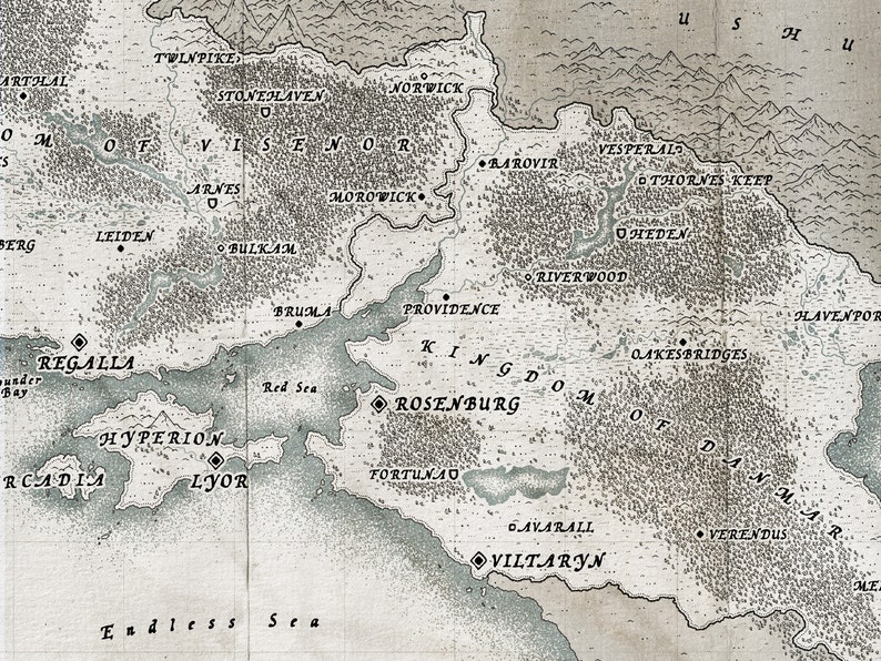 Detailed crop of a Fantasy map that uses the wayfinder font for labels and place names