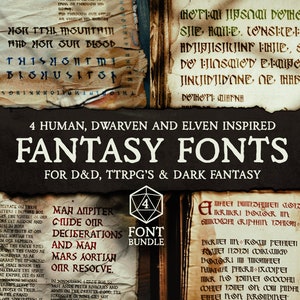 May include: A collection of four fantasy fonts inspired by human, dwarven, and elven styles. The fonts are displayed on parchment-like backgrounds with text in each style. The text includes phrases like "Nor Tthi Mounthim and Nor Sur Blood" and "Mar Aupiter Cide Our Deciserations and Man Mars Aortian Our Resolve". The image also includes a four-sided die and the text "Font Bundle".