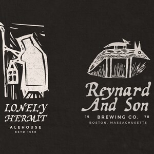 Two fantasy and medieval inspired logos that use the Wayfinder font. Logos in white on a dark charcoal background