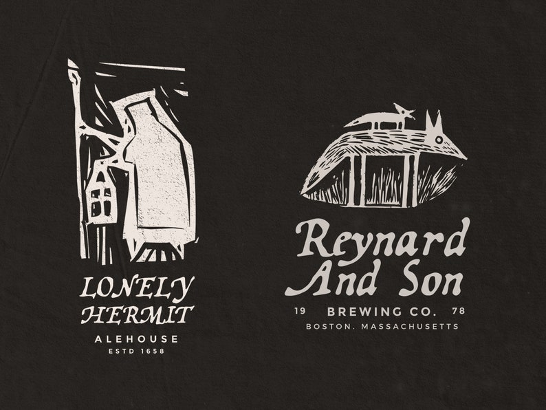 Two fantasy and medieval inspired logos that use the Wayfinder font. Logos in white on a dark charcoal background