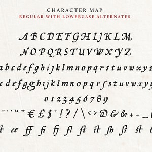 Wayfinder font character map. All the characters in the Wayfinder medieval font set in black on a white background