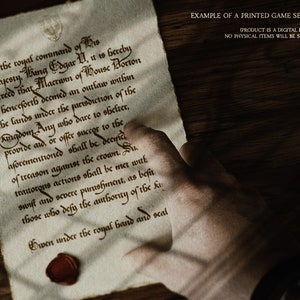 May include: A detailed parchment scroll with elaborate script, detailing royal commands and the outlawing of individuals. A red wax seal secures the document, held by a hand. The text at the top reads: "EXAMPLE OF A PRINTED GAME SESSION PROP".