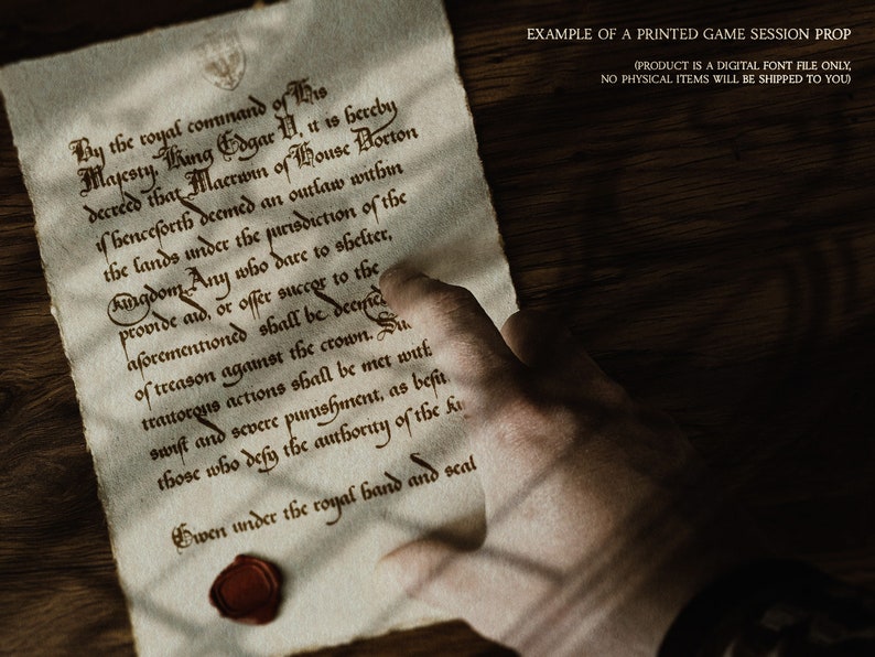 May include: A detailed parchment scroll with elaborate script, detailing royal commands and the outlawing of individuals. A red wax seal secures the document, held by a hand. The text at the top reads: "EXAMPLE OF A PRINTED GAME SESSION PROP".