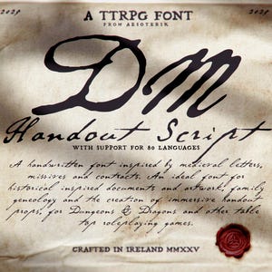 May include: Aged parchment-style graphic featuring a TTRPG font called "DM Handout Script" with support for 80 languages. The font is handwritten, inspired by medieval letters, and suitable for historical documents and artwork. A red wax seal is at the bottom.