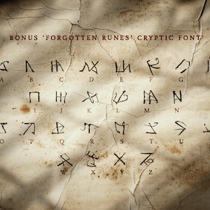 May include: Aged parchment displays a cryptic alphabet, labelled A through Z, with each letter represented by a unique, stylized rune. The text "BONUS 'FORGOTTEN RUNES' CRYPTIC FONT" is printed in red at the top. The paper has a distressed, vintage appearance.