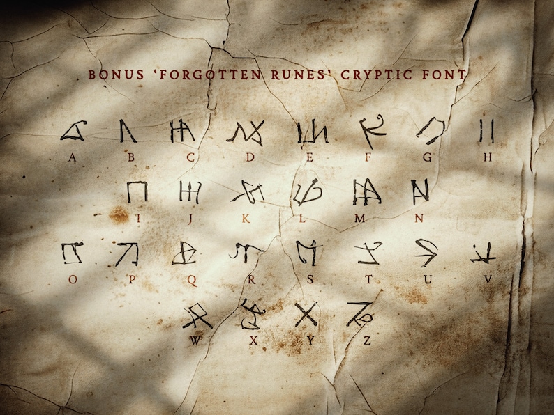 May include: Aged parchment displays a cryptic alphabet, labelled A through Z, with each letter represented by a unique, stylized rune. The text "BONUS 'FORGOTTEN RUNES' CRYPTIC FONT" is printed in red at the top. The paper has a distressed, vintage appearance.