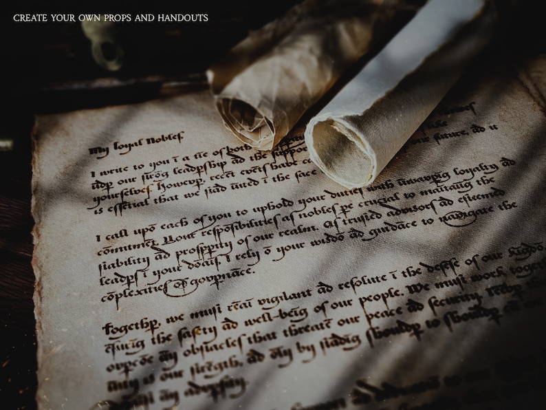 May include: Aged parchment with handwritten calligraphy, featuring rolled scrolls and the text "CREATE YOUR OWN PROPS AND HANDOUTS." The script appears to be a historical document, suitable for themed events or creative projects.