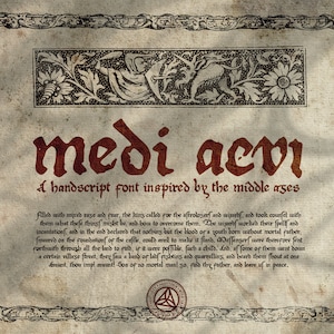 Op de afbeelding: Een grafische afbeelding in perkamentstijl met de woorden "medi aevi" in een donkerrode, middeleeuwse lettertype. De tekst hieronder luidt "A handscript font inspired by the middle ages." Decoratieve randen en illustraties omlijsten de tekst.