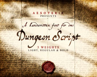 May include: A vintage-style graphic featuring the text "AESOTERIK PRESENTS" and "Dungeon Script" in a handwritten font. The design includes a wax seal and the words "3 WEIGHTS: LIGHT, REGULAR & BOLD."