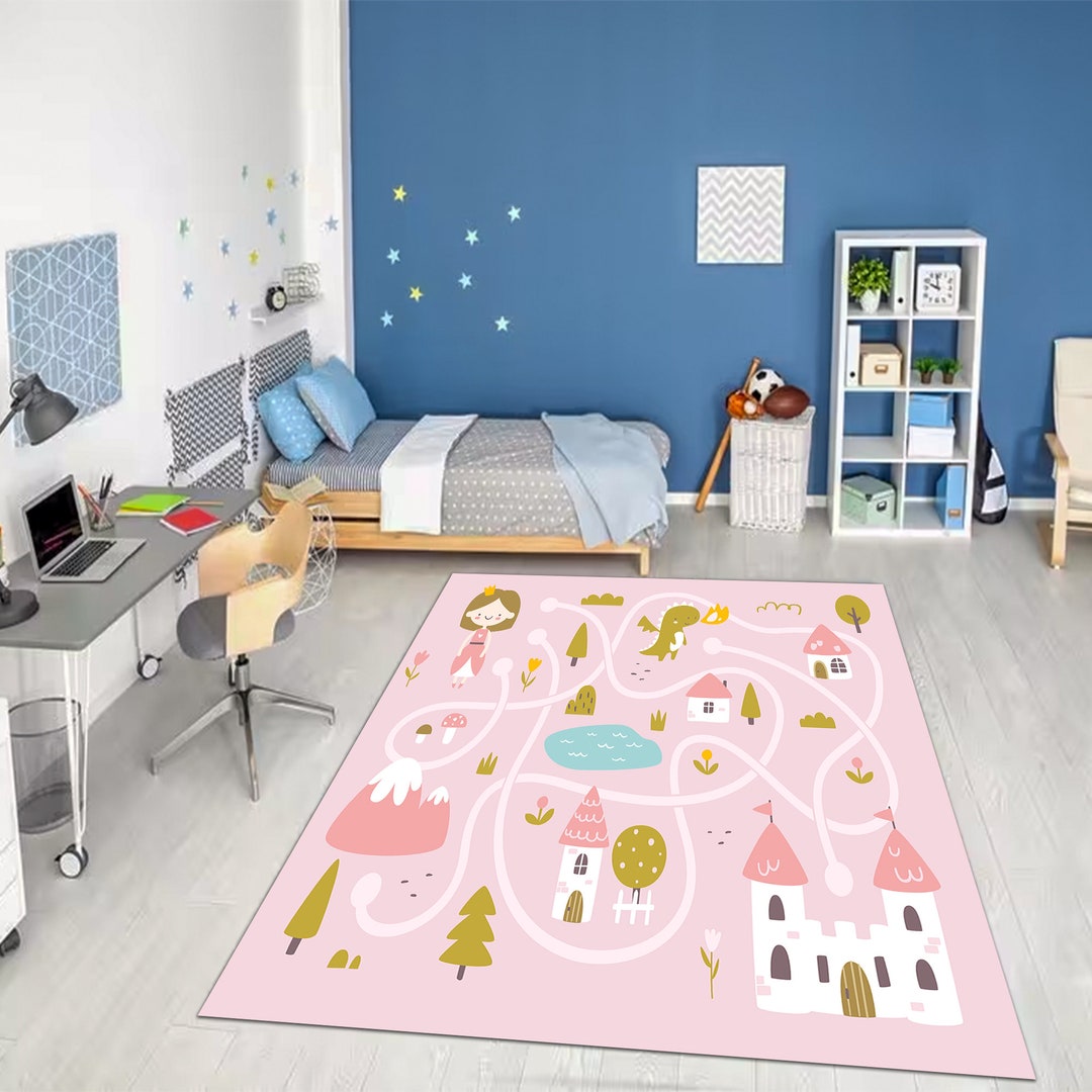 Kids Play Rug Fantasy Pink Castle Kids Rug: Fairy Tale Nursery Playmat, Washable - Etsy