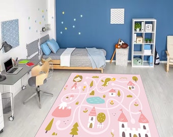 Pink Castle Kids Rug: Fairy Tale Nursery Playmat, Washable
