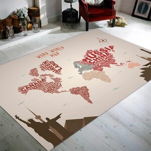 Tapete de mapa do mundo palavra, presente geográfico, decoração de casa, tapetes de design, tapete de presente personalizado, tapete antiderrapante lavável à máquina, tapete de alta qualidade