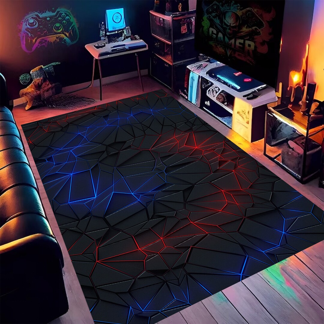 Geometric Gaming Rug Geometric Neon Gaming Room Rug: Soft, Non-slip, Machine Washable - Etsy