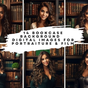 May include: A collage of 14 digital images featuring a bookcase background. The images are ideal for portraiture and film. Each image features a different woman with long, flowing hair, standing in front of a bookcase filled with books.