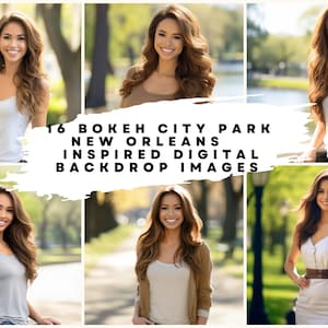 Op de afbeelding: Een collage van zes afbeeldingen met een vrouw in verschillende outfits en poses in een stadspark. De afbeeldingen zijn in een raster gerangschikt en hebben een wazig achtergrondeffect. De tekst "16 Bokeh City Park New Orleans Inspired Digital Backdrop Images" is over de afbeeldingen gelegd.