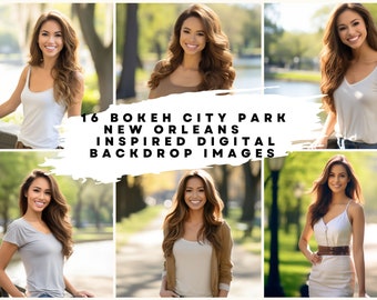 May include: A collage of six images featuring a woman in different outfits and poses in a city park setting. The images are arranged in a grid pattern and have a blurred background effect. The text "16 Bokeh City Park New Orleans Inspired Digital Backdrop Images" is superimposed on the images.