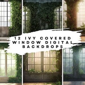 12 Digital Backdrops of Ivy Covered Window Interiors for Wedding, Maternity, Fine Art, Portrait Photography Overlays, Ivy Wallpaper