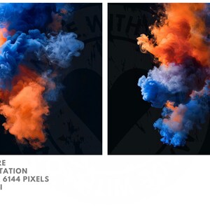 The picture is made up of a mix of orange and blue smoke on a pure black background. The orange and blue smoke mix with each other.
