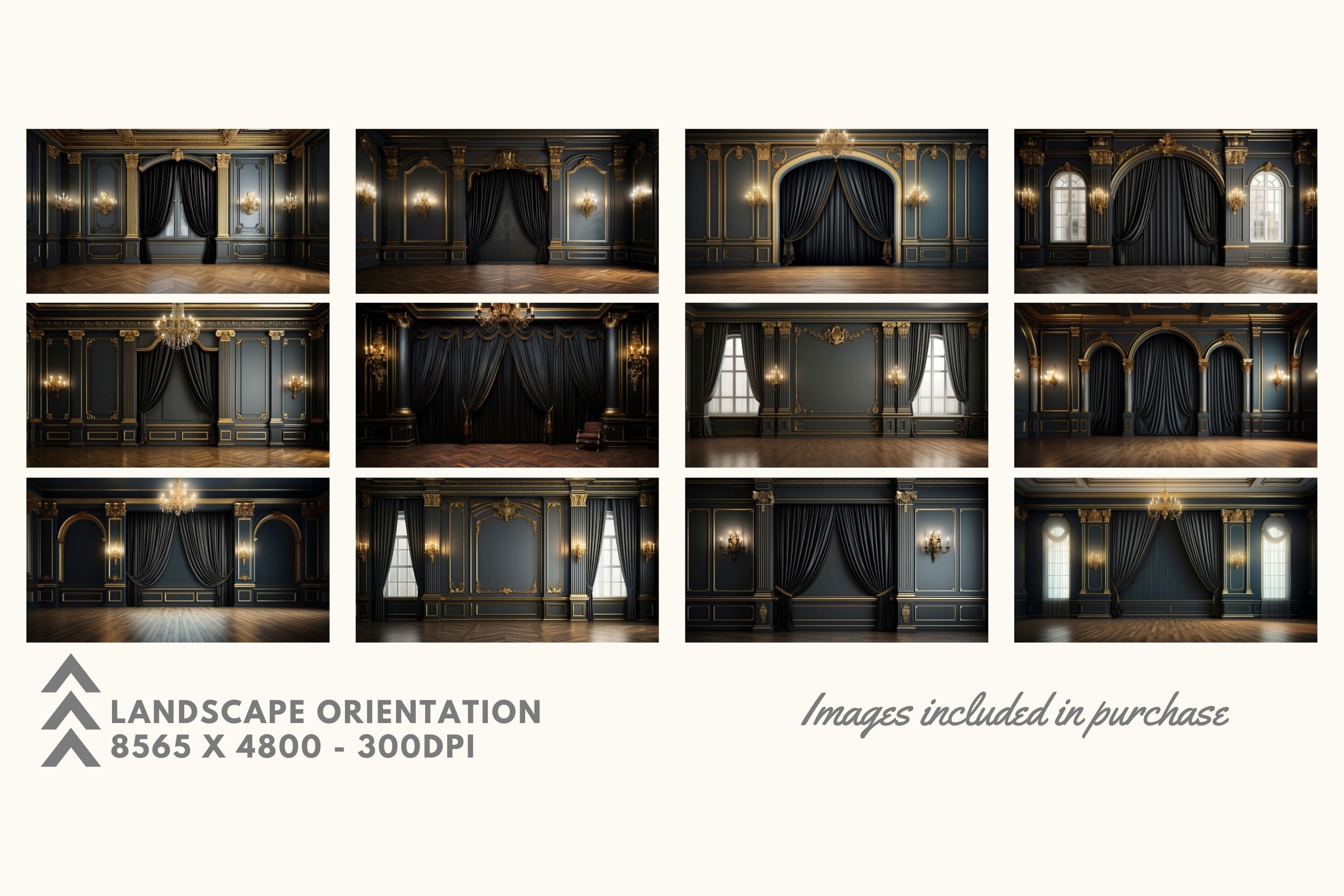 12 Digital Backdrops of Mansion Wall Interiors (color Black and Gold ...