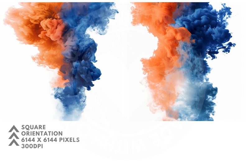 The picture is made up of a mix of orange and blue smoke on a pure white background. The orange and blue smoke mix with each other.