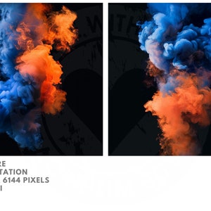 The picture is made up of a mix of orange and blue smoke on a pure black background. The orange and blue smoke mix with each other.
