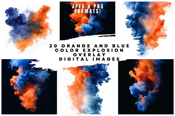 20 Digital Orange and Blue Smoke Overlay Images at 300DPI (size: 6144 x 6144) for Dance, Sports, Maternity, Auburn Sports Overlay Art