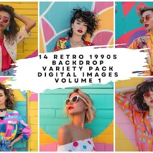 Könnte beinhalten: Ein digitaler Download von 14 Retro-Hintergrundbildern aus den 1990er Jahren. Die Bilder zeigen farbenfrohe Hintergründe mit geometrischen Formen und Mustern. Die Bilder sind perfekt, um Designs im Vintage-Stil zu erstellen.