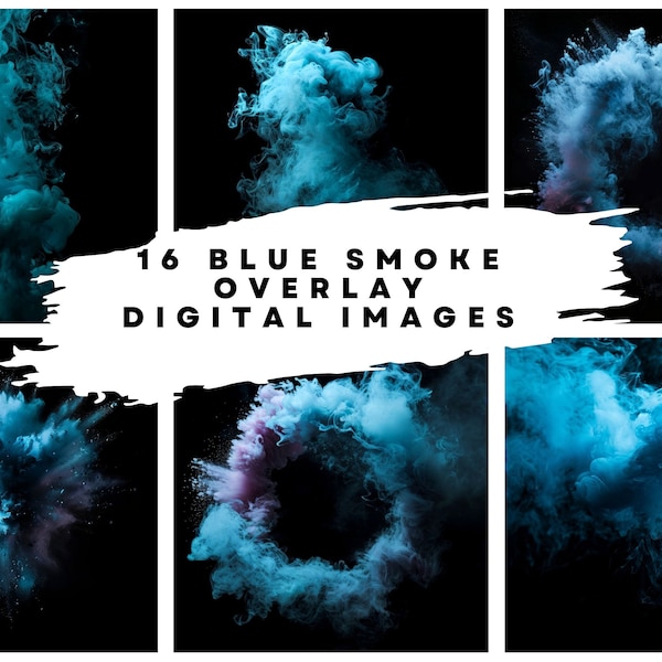 16 Digital Blue Smoke Overlay Images at 300DPI (size: 6144 x 6144) for Dance, Sports, Film, Wedding, Maternity, Gender Reveal Overlay Art