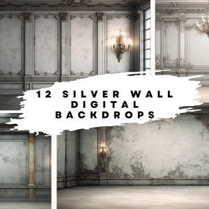 12 toiles de fond numériques d'intérieurs de murs de manoir (couleur argent) pour mariage, maternité, beaux-arts, superpositions de photographie de portrait