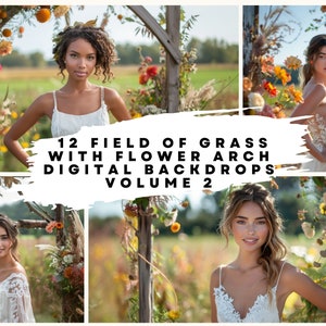 12 Digital Backdrops of Outdoor Field of Tall Grass with Flower Arch Volume 2 for Bridal, Wedding, Maternity, Portrait Photography Overlays