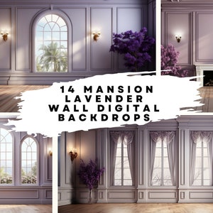 14 digitale achtergronden van herenhuismuurinterieurs (kleur lavendel) voor bruiloft, moederschap, beeldende kunst, portretfotografie-overlays