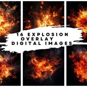 May include: 16 digital images of fiery explosions with orange, red, and yellow flames against a black background. The images are perfect for adding a dramatic effect to your designs.