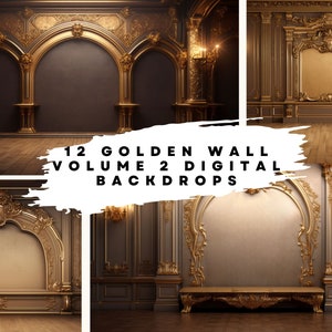 12 Digital Backdrops of Mansion Wall Interiors (Color Gold) Volume 2 for Bridal, Wedding, Maternity, Fine Art, Portrait Photography Overlays