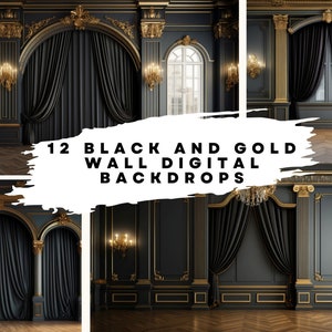 12 Digital Backdrops of Mansion Wall Interiors (Color Black and Gold) for Wedding, Maternity, Fine Art, Portrait Photography Overlays