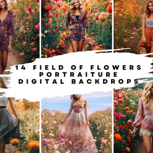 14 Cenários Digitais de Campos de Flores ao Ar Livre para Sobreposições de Fotografia de Casamento, Maternidade, Belas Artes e Retratos