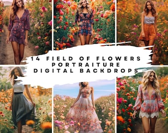 14 Digital Backdrops of Outdoor Field of Flowers for Wedding, Maternity, Fine Art, Portrait Photography Overlays