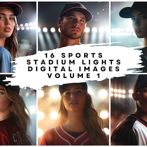 May include: A collage of six images featuring people wearing baseball caps and jerseys, standing in front of stadium lights. The text "16 SPORTS STADIUM LIGHTS DIGITAL IMAGES VOLUME 1" is written in white on a black and white brushstroke background.