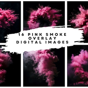 May include: 16 digital images of pink smoke overlays. The smoke is in various shapes and sizes, with a black background.