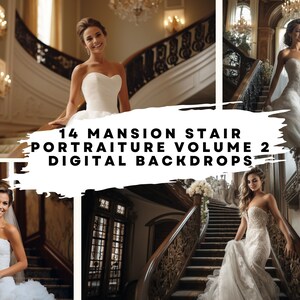 14 toiles de fond numériques d'escaliers de manoir, volume 2 pour la mariée, le mariage, la maternité, les beaux-arts et les superpositions de photographie de portrait