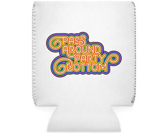 Pass Around Party Bottom Can Cooler | Retro Psychedelic Text Koozie