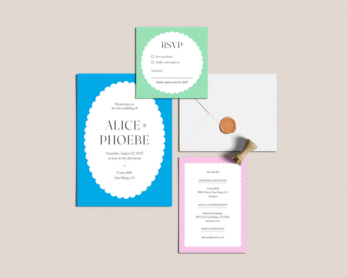Colorful Scallop Edge Wedding Invitation Suite Digital Template Unique ...