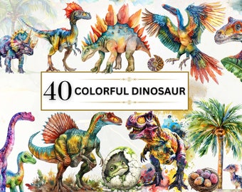 Może przedstawiać: Kolekcja 40 kolorowych akwarelowych ilustracji dinozaurów. Dinozaury są przedstawione w różnych pozach i z różnymi wyrażeniami twarzy. Niektóre dinozaury stoją, podczas gdy inne chodzą lub biegną. Dinozaury są wszystkie jaskrawo kolorowe i mają skomplikowane detale.