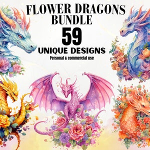Flower Dragons Clipart Bundle - 59 Unique Dragon PNGs, Dragon Clipart, Fantasy Clipart, Magical Creatures, Watercolor, Digital Download